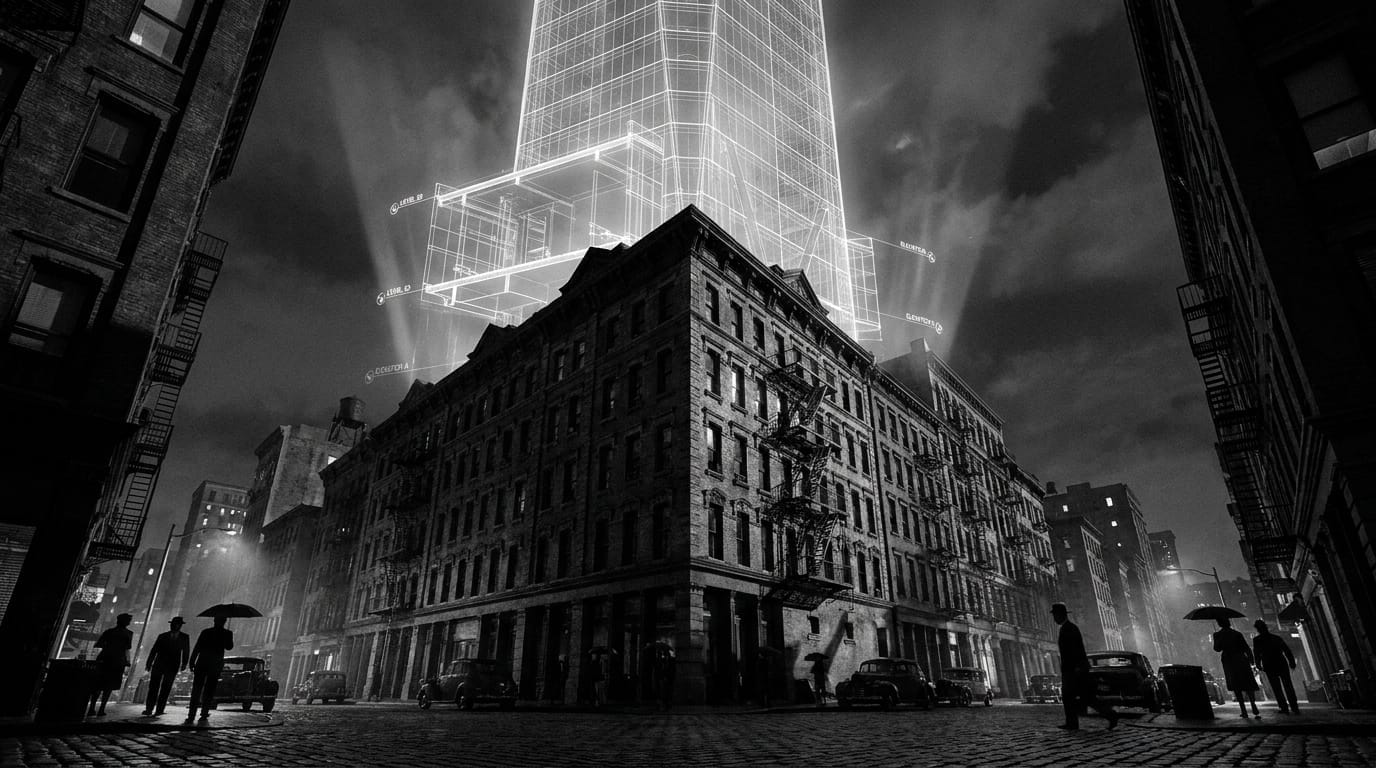 Blueprint of a skyscraper projected above a historic building, representing air rights.
