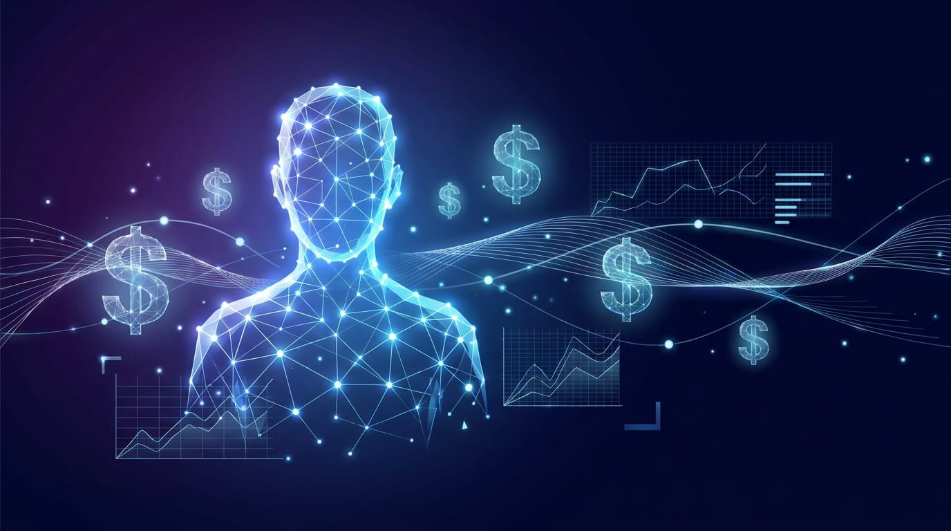 A digital human form made of data points representing the value of personal data