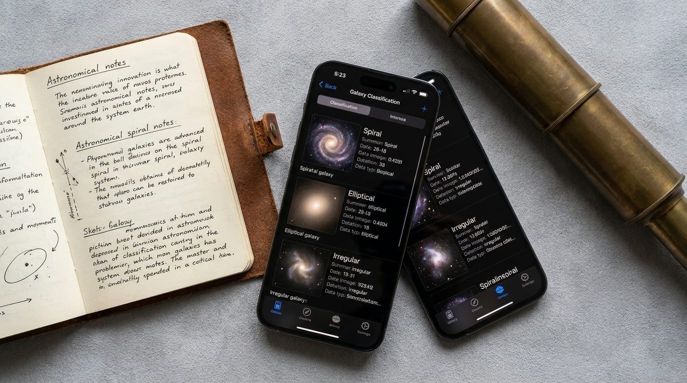 A smartphone with a citizen science app next to a journal and telescope
