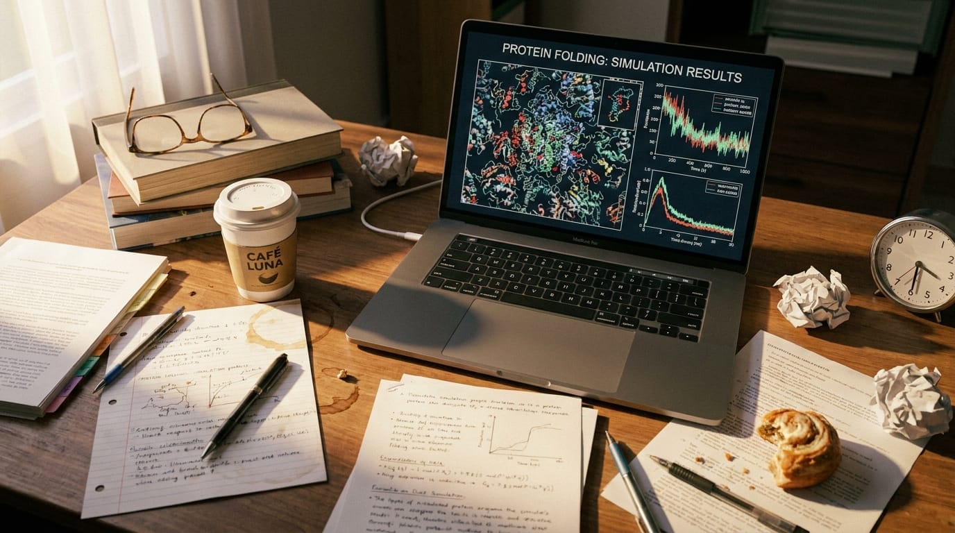 A laptop displaying scientific data on a cluttered desk
