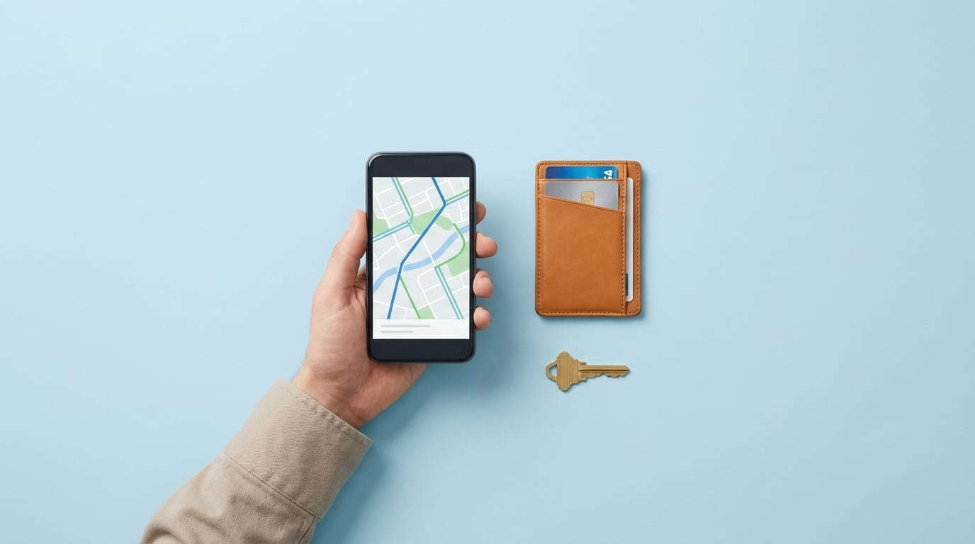 Hand holding a smartphone next to a wallet and key