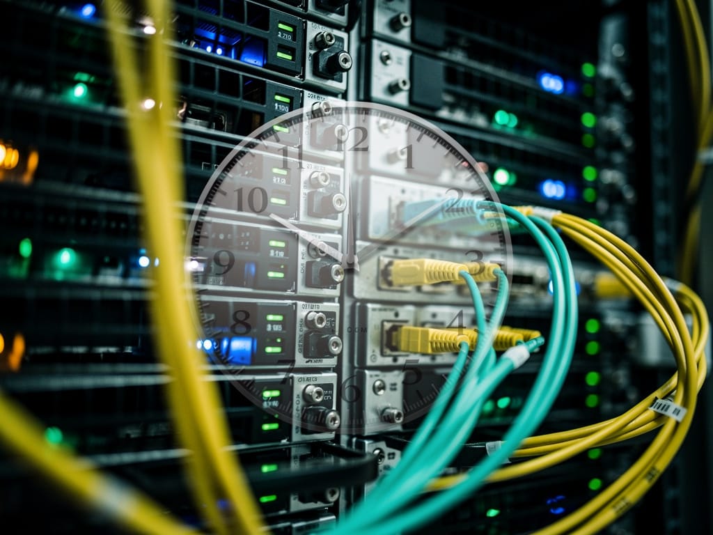 Close-up of a high-frequency trading server rack with blinking lights