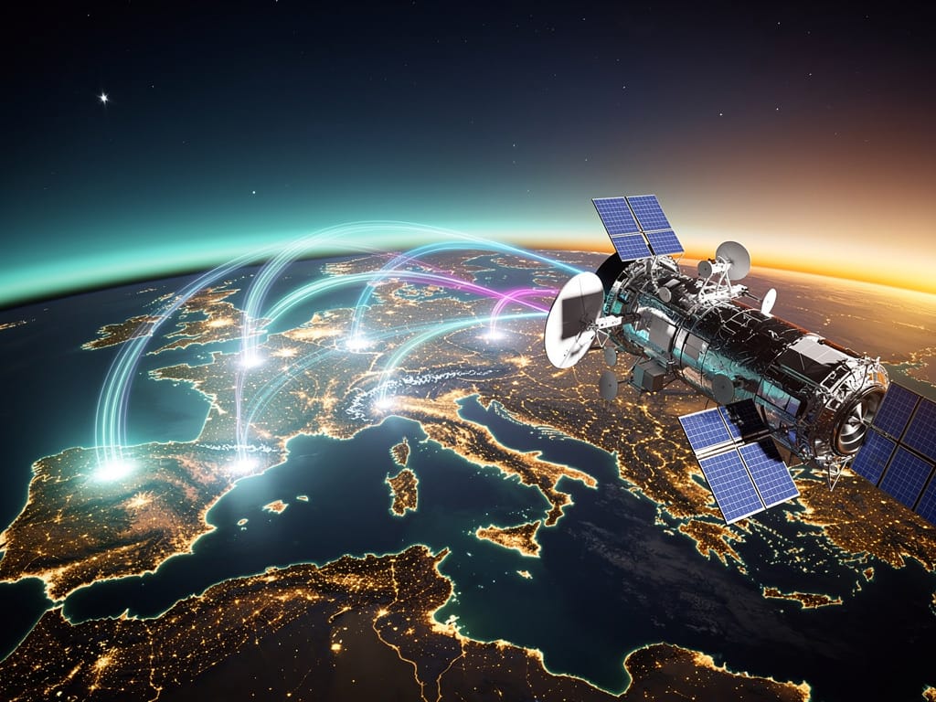 Satellite orbiting Earth with data trails connecting to cities