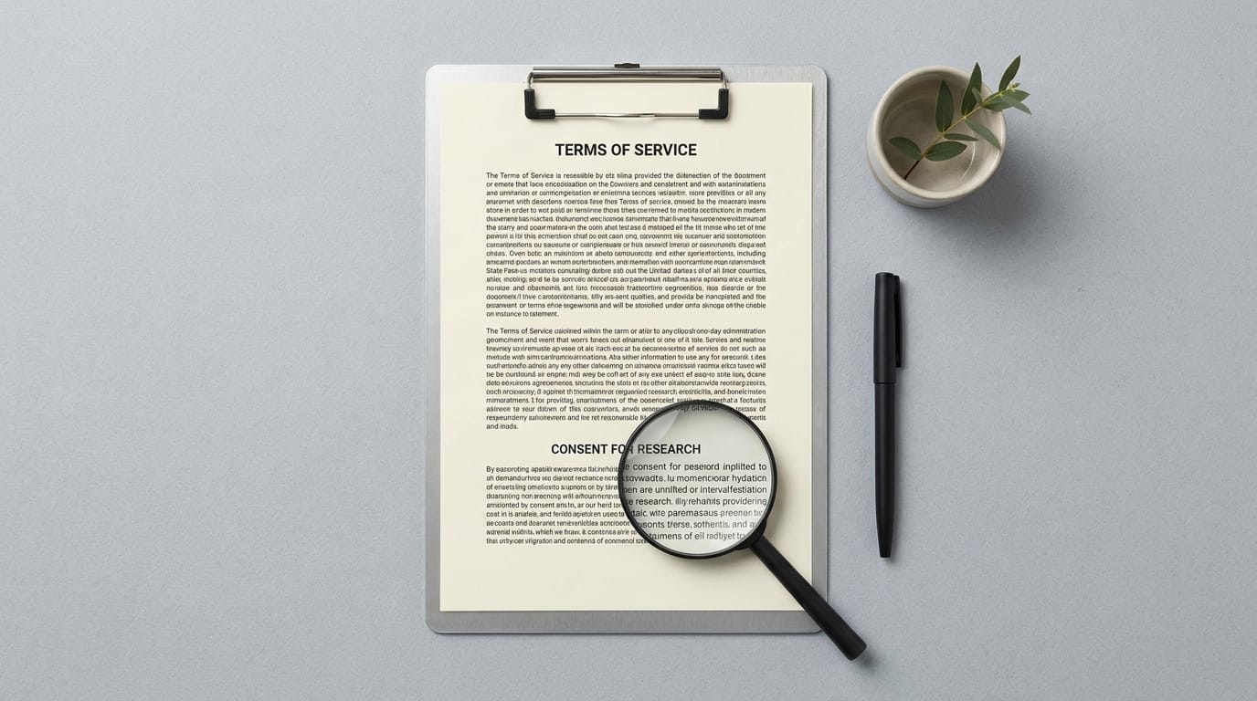 A magnifying glass over the fine print of a terms of service document
