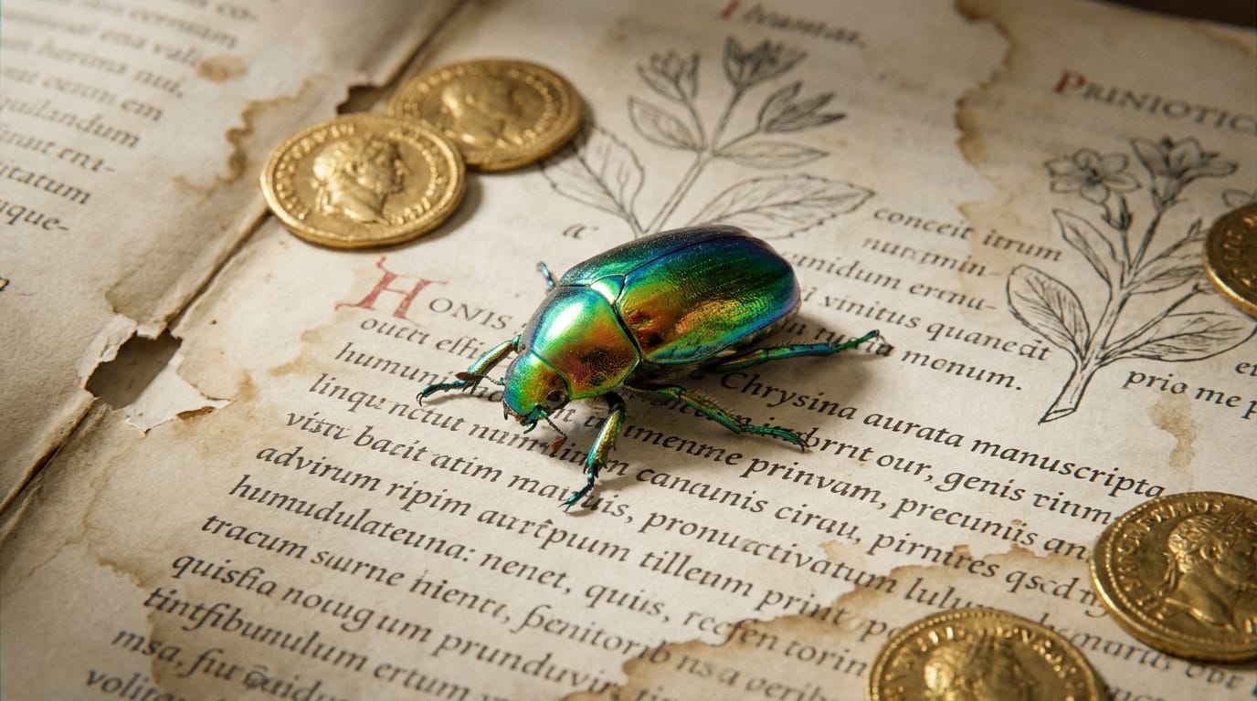 A rare iridescent beetle on a historical scientific text