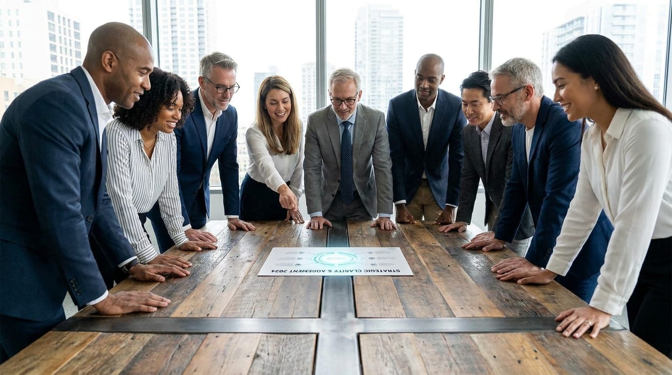 Business team reviewing an important international contract