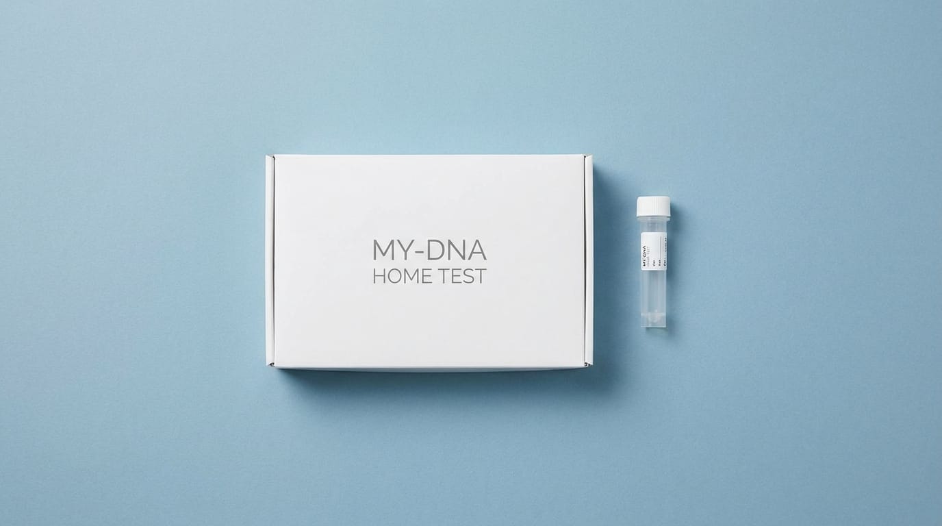 A DNA home testing kit on a clean background