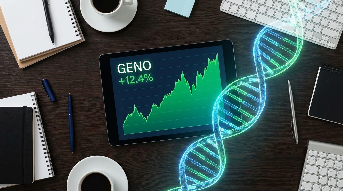 A tablet with a stock chart next to a DNA helix graphic