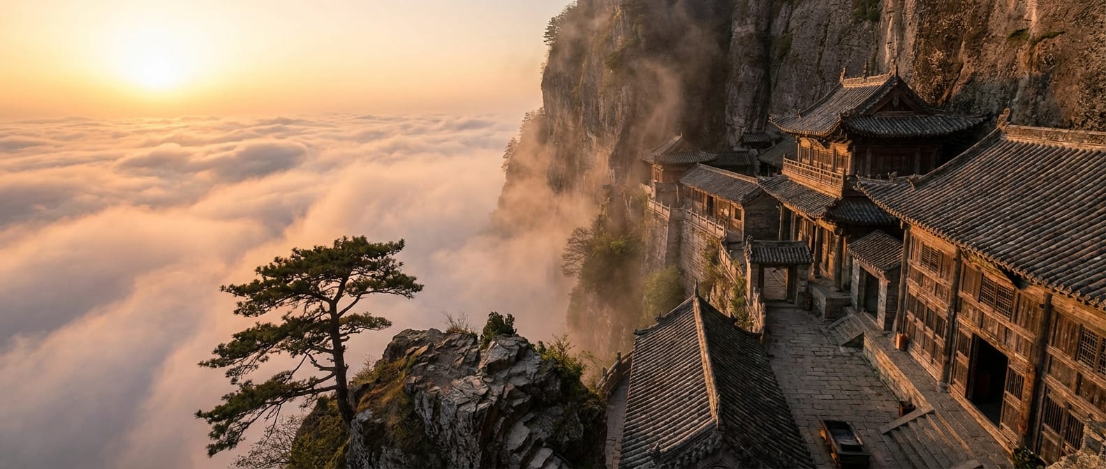 Tempel in den Bergen bei Sonnenuntergang
