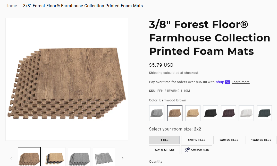 Interlocking foam floor mats in barnwood brown, showing wood-grain texture and puzzle-piece edges for easy installation