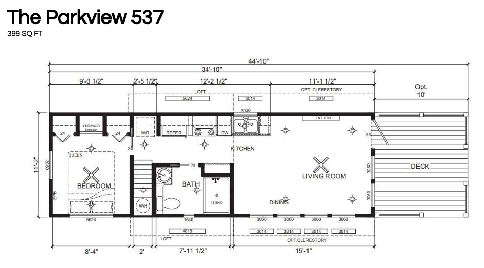 Floor plan of the Parkview 537 tiny home showing the 399 square foot layout with bedroom, bathroom, kitchen, and living areas.