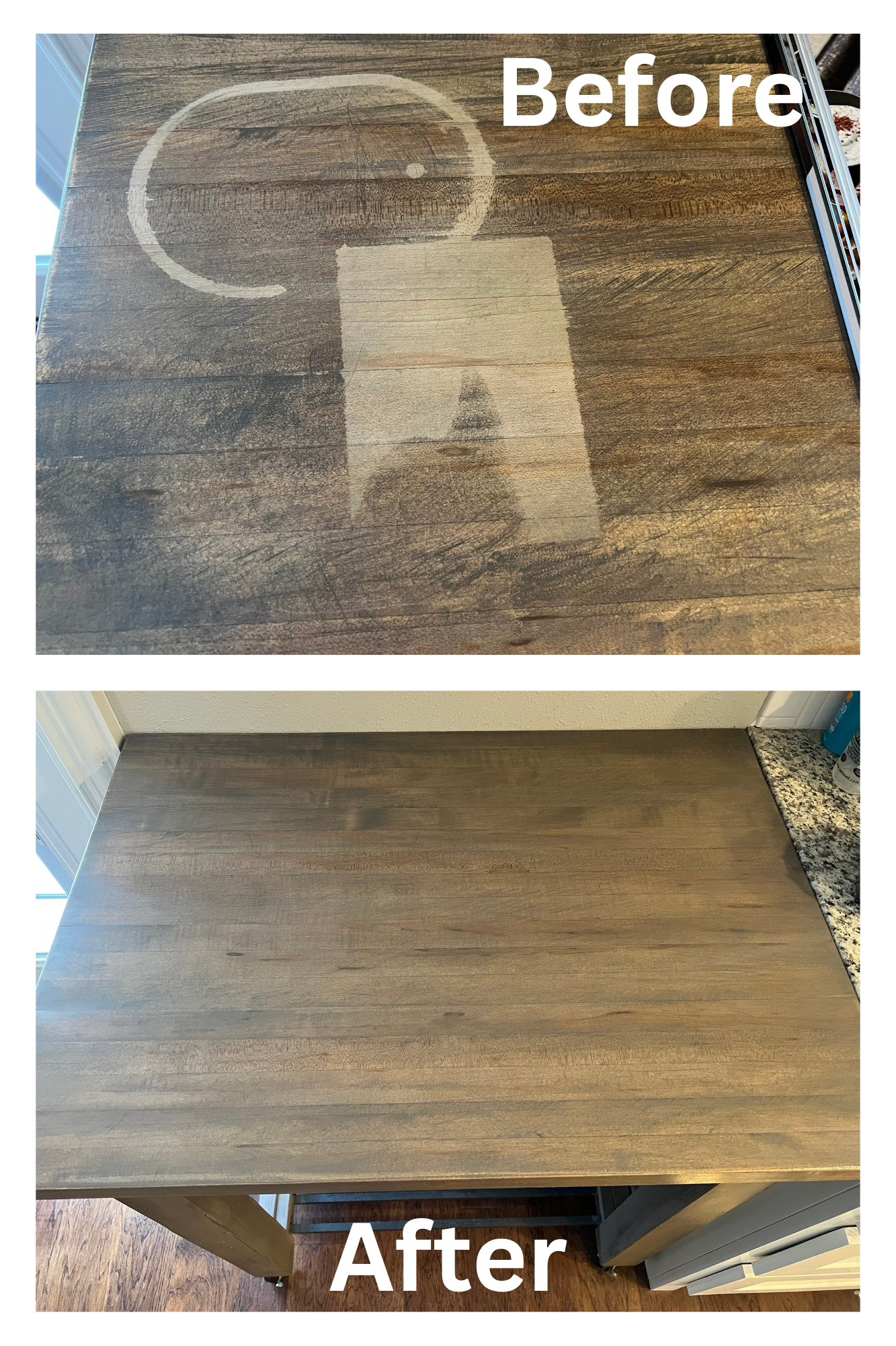 Two photos showing wooden kitchen island table: damaged surface with light spots, sanding in progress, and final refinished surface gleaming like new