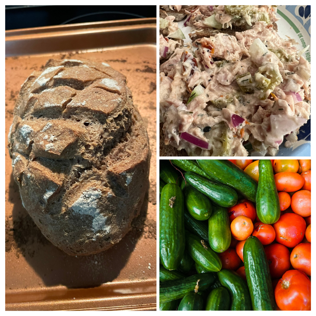 A photo collage showing four-ingredient bread, tuna salad, and fresh garden tomatoes and cucumbers.