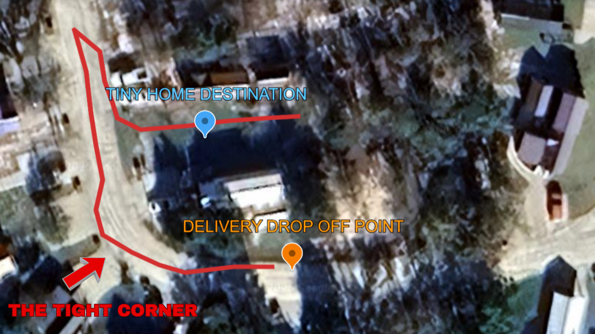 Aerial map view showing the path from community road to residential lot with curved road layout