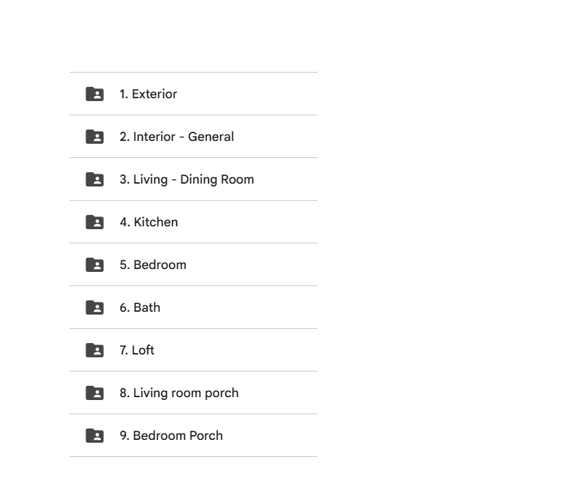 Google Drive folder organization showing nine numbered categories from Exterior through Bedroom Porch