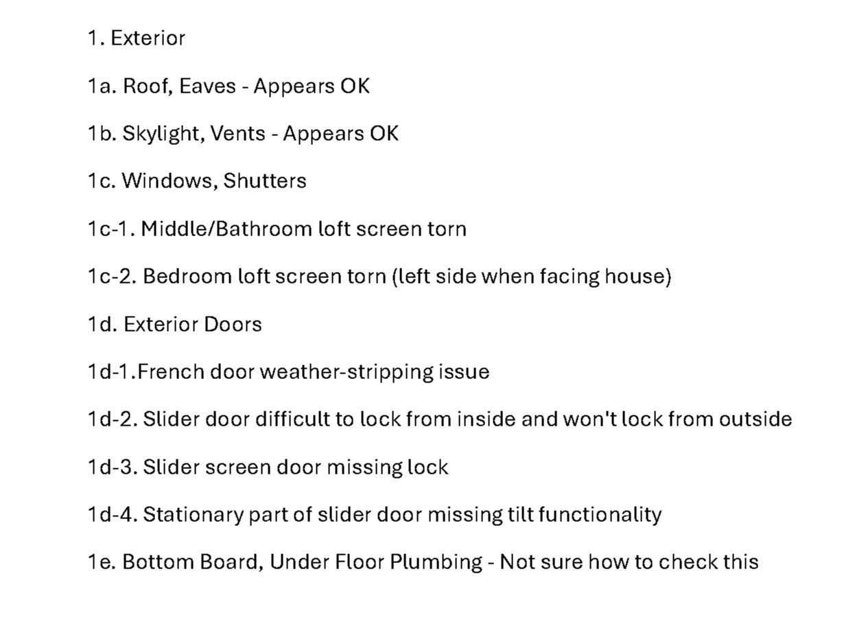 First page of punch list document showing numbered categories for Exterior inspection items