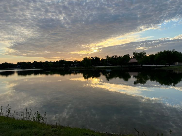 Peaceful lake reflection at sunrise in tiny home community showing the slower pace of Week 28