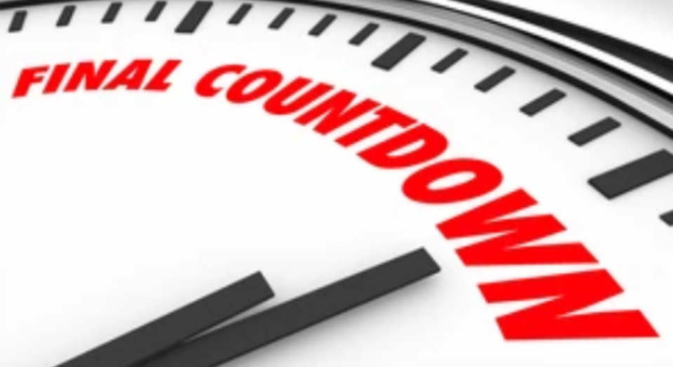 A graphic of a clock face with the words "FINAL COUNTDOWN" in bold red text, symbolizing the last few days of a long wait.