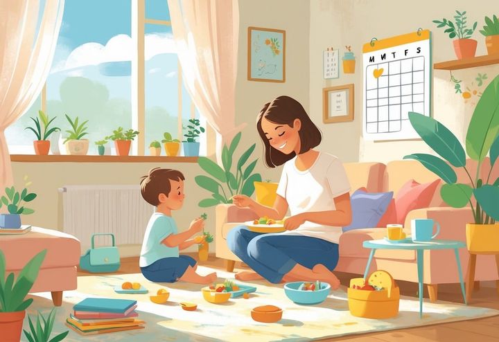 A stay-at-home mom preparing breakfast while her toddler plays with toys in a cozy, sunlit living room.
