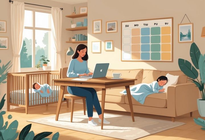A mom working at a desk in a cozy living room while her baby sleeps in a crib and a toddler naps on a couch.