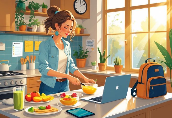 A woman preparing breakfast in a kitchen while managing work on a laptop, with a packed school backpack and lunchbox nearby.