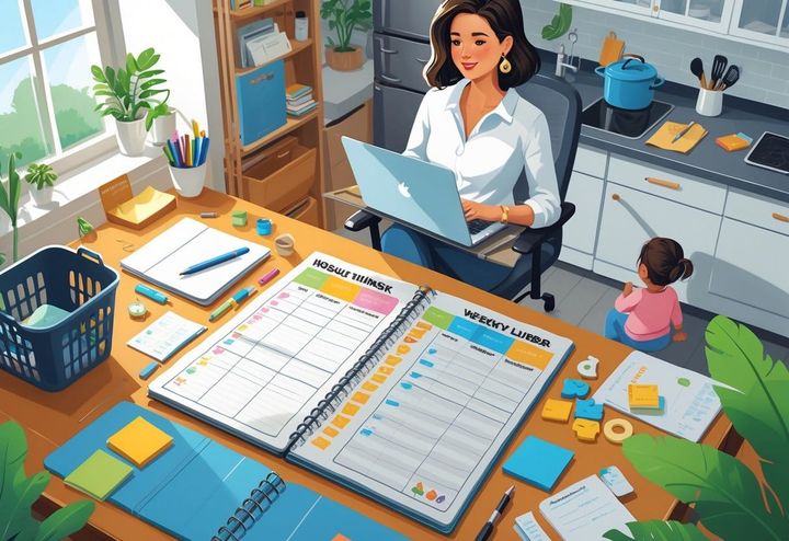 A mom working at a desk with a weekly planner open, balancing business tasks and housework with a child playing nearby in a home setting.