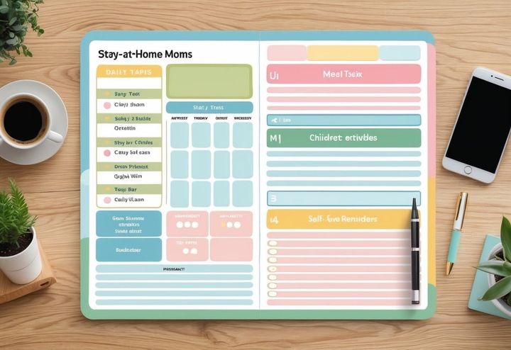 A printable schedule template with sections for daily tasks, meal planning, and children's activities, displayed on a desk with a coffee cup, smartphone, plant, and pen.