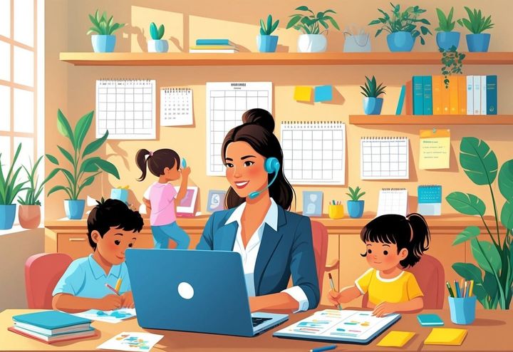 A mom working at a desk with a laptop while her children play and draw nearby in a bright home office.