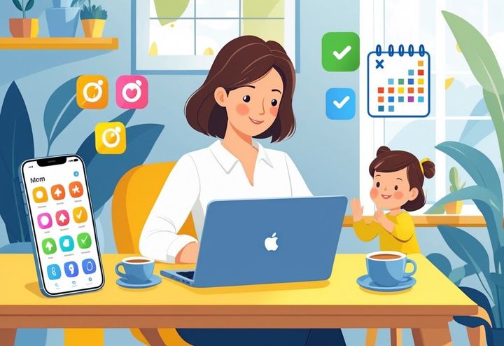 A mom working at a desk in a home office with a laptop and smartphone, a child playing nearby, and elements representing alarm and habit tracking apps around her.