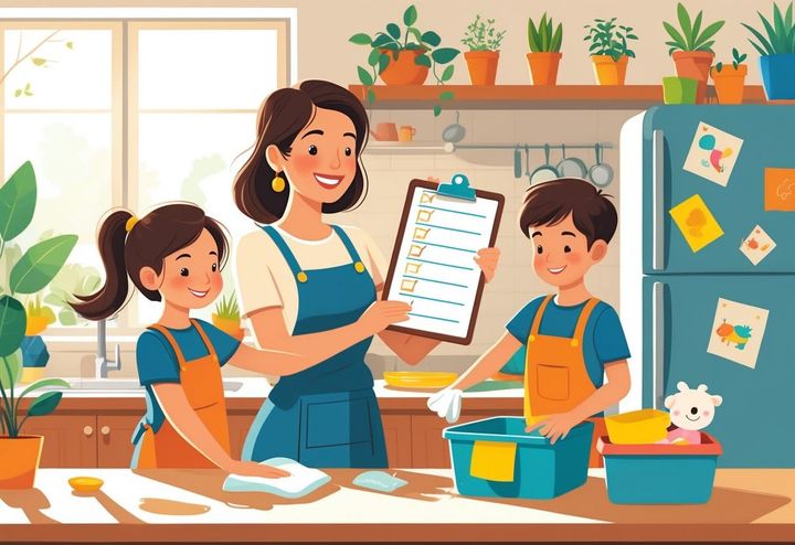 A mom organizing housework tasks with her two children in a kitchen, one child wiping the counter and the other putting toys away.