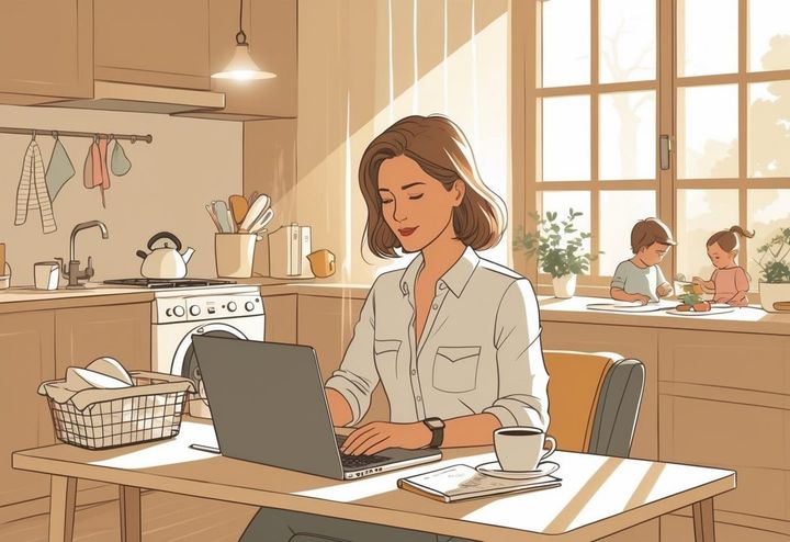 A woman working at a desk in a home setting with a child playing nearby and household chores visible, showing her balancing work and family tasks.