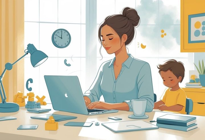A mother calmly working on a laptop at a desk while her child plays quietly nearby, illustrating the importance of focused time over multitasking.