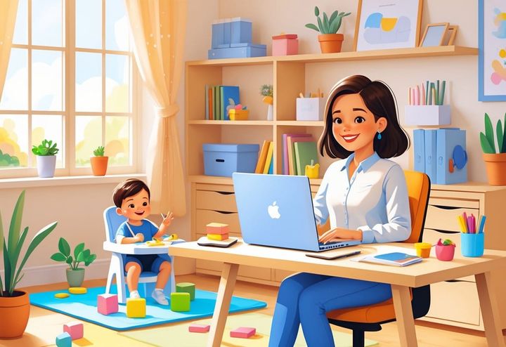 A mother working at a desk with her twin toddlers playing nearby in a bright, organized room.