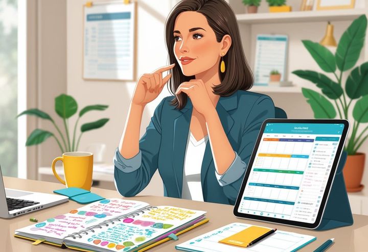 A woman at a desk deciding between a paper planner and a digital planner in a home office.