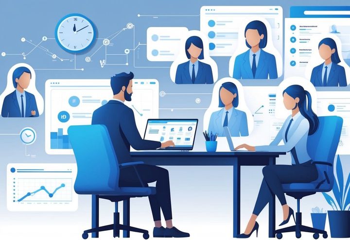 A businessperson working at a desk with several digital virtual assistants performing various tasks around them.