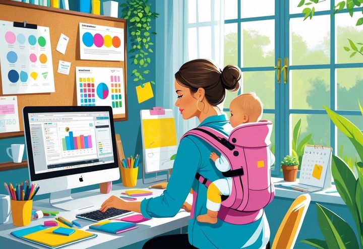 A mom working on her freelance graphic design business plan at a desk in a home office while carrying her baby in a baby carrier.