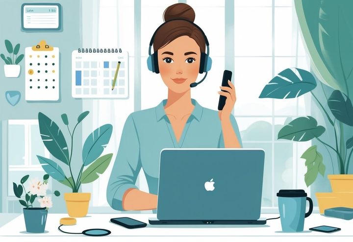 A mom working at a home office desk with a laptop and headset, surrounded by a calendar, checklist, smartphone, and a coffee cup, in a cozy living space.