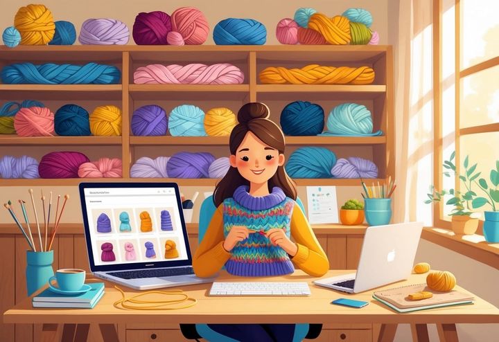 A mom knitting at a desk with yarn and finished knitted items around her, working on a laptop showing an online shop, in a cozy home setting.