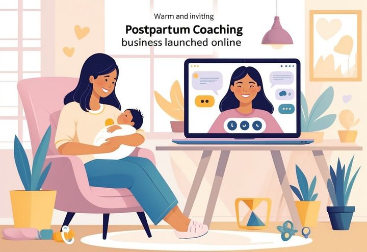 A young mother holding her newborn baby while video chatting with a supportive coach on a laptop in a cozy home setting.
