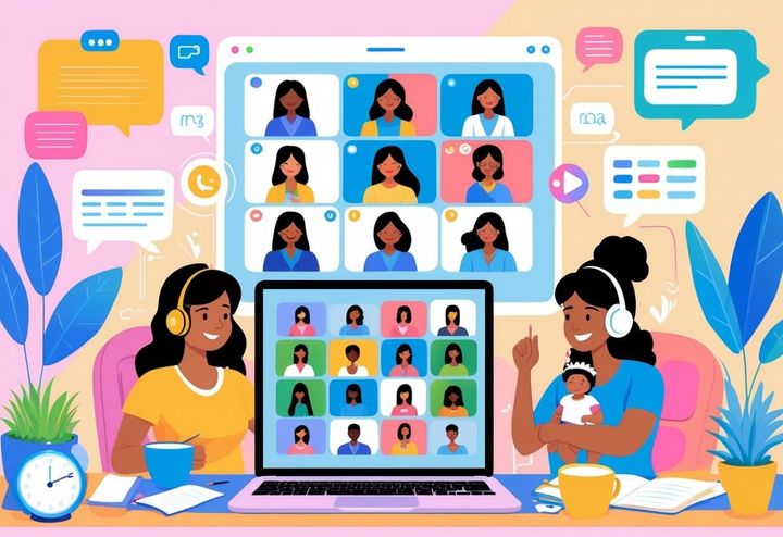 A group of mom coaches participating in a virtual webinar from home, using laptops and headsets in a cozy setting.