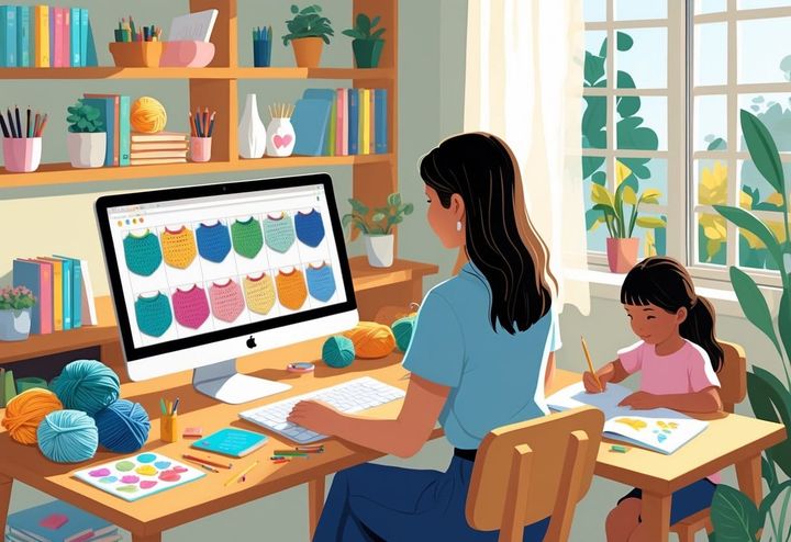 A woman working on a laptop surrounded by crochet supplies while two children study nearby in a cozy home setting.