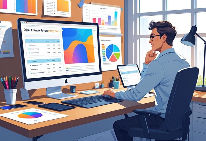 An artist at a desk reviewing digital artwork on a computer with pricing charts and art supplies around them in a bright studio.