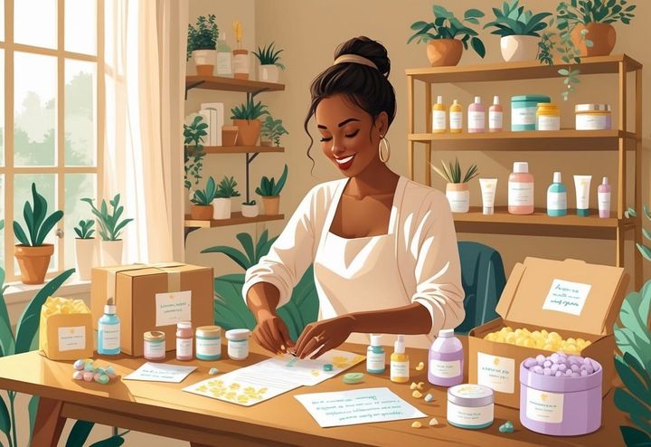 A woman assembling self-care subscription boxes at a cozy home workspace with various skincare and relaxation items on the table.