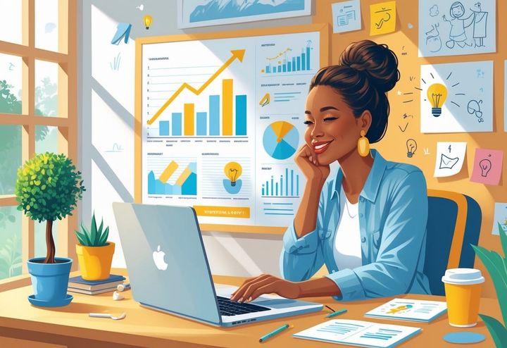 A mompreneur in her home office surrounded by symbols of growth and success, looking thoughtfully at a vision board, with a plant, laptop, and children's drawings nearby.