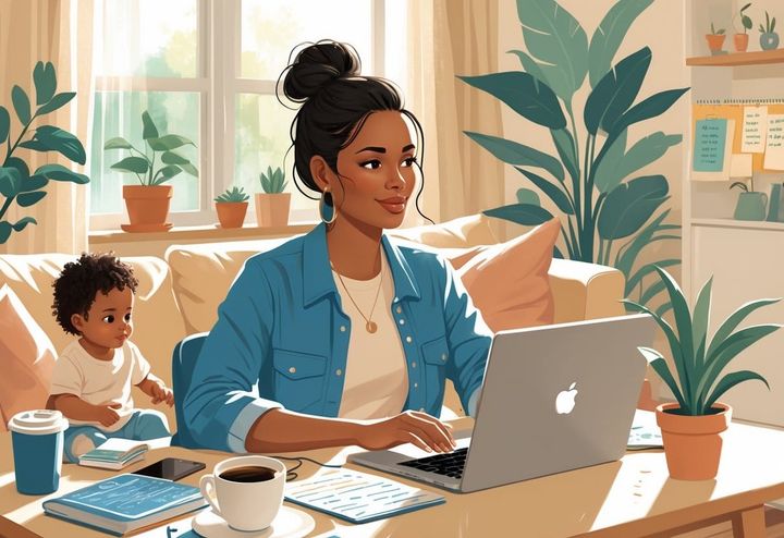 A mom working on a laptop at home while her toddler plays nearby, surrounded by a cozy living room setting.
