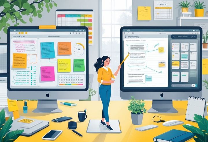 A mom entrepreneur comparing two tablets displaying different digital note-taking apps in a bright home office with planning tools and a laptop nearby.