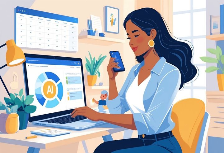 A mom working on a laptop with a child playing nearby in a home office, showing a balanced work and family environment.