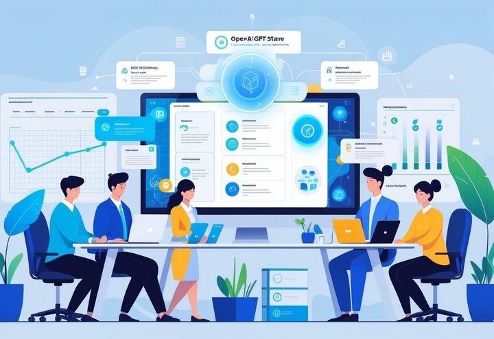 A small business office with employees working together around a computer showing AI automation tools on the screen.