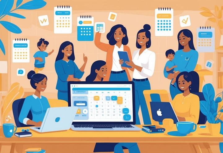 Moms managing family schedules and business tasks using digital devices in a home office with children playing nearby.