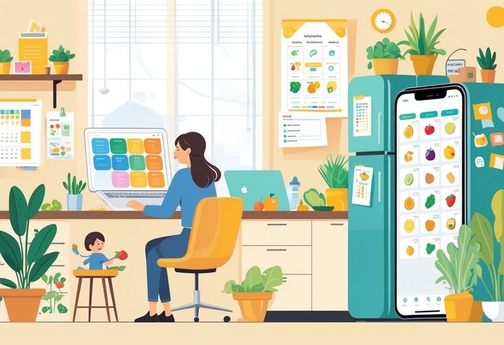 A mother working on a laptop while planning family meals and projects in a home setting with a child playing nearby and kitchen items around.